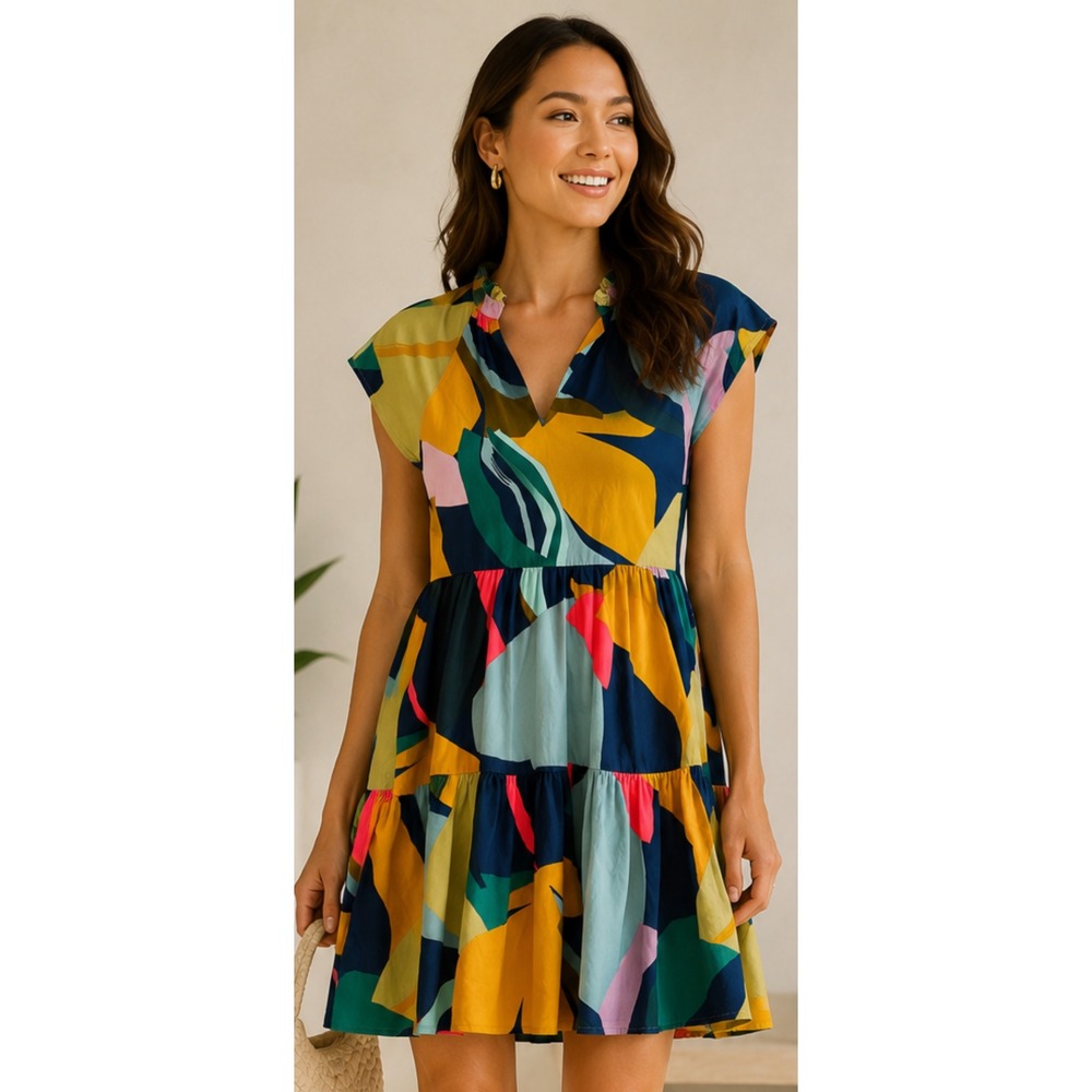 Sugarlips Womens Abstract Floral Tiered Mini Dress Multicolor Ruffle Neck XS